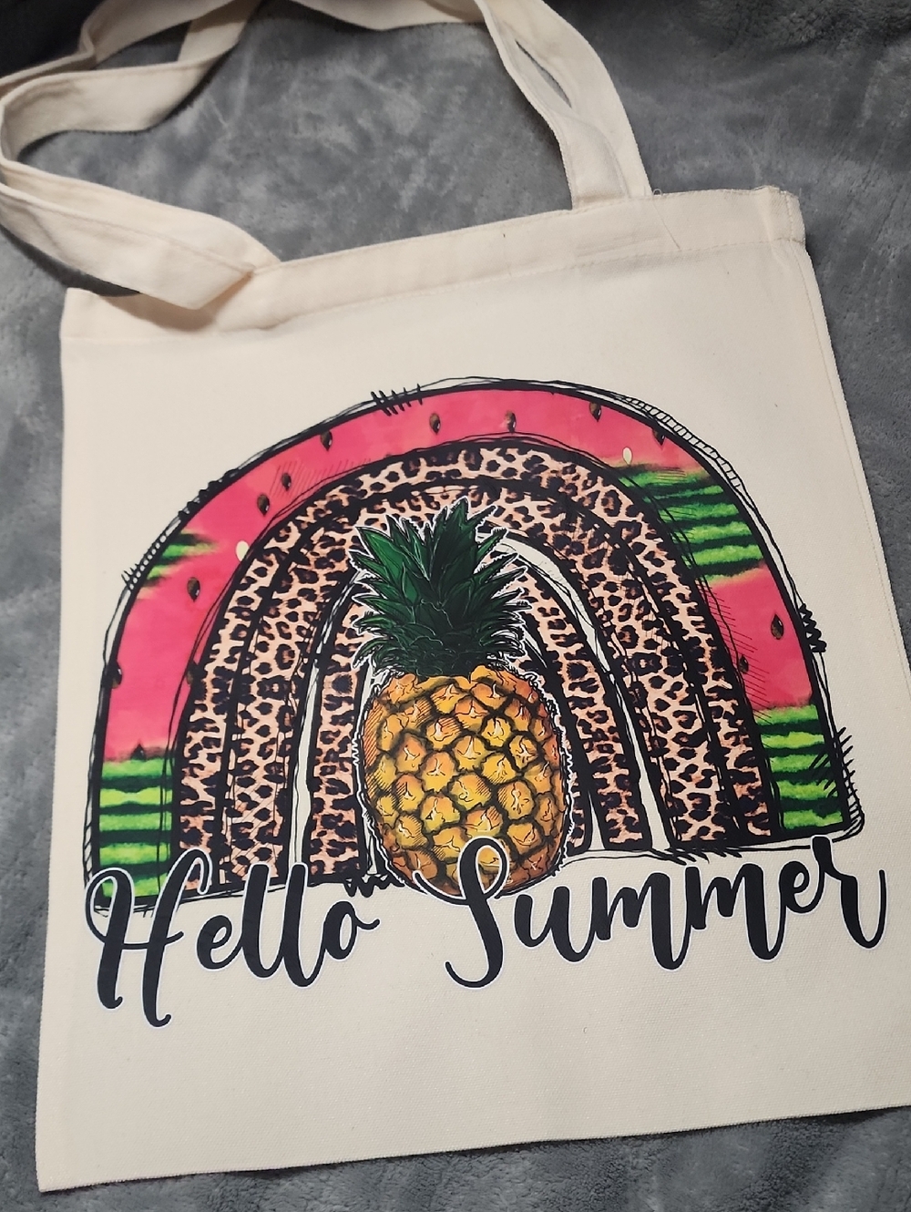 Hello Summer Pineapple Tote - Cream with Pink, Green & Yellow. 13x15.